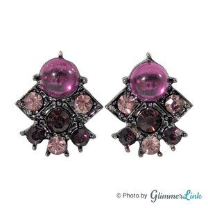 Purple Rhinestone Black Tone Art Deco Style Stud Pierced Earrings